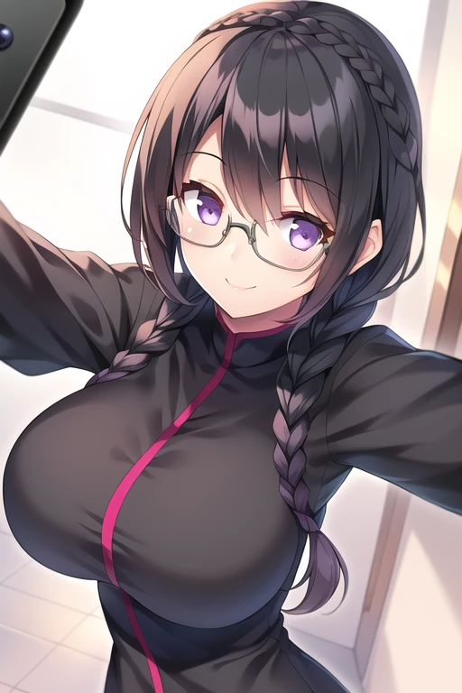 (One girl), (Black Hair:1.1), (Braiding:1.1), (Glasses), (Purple eyes), (smile), (Large Breasts), (Intricate iris detail), (Selfie)