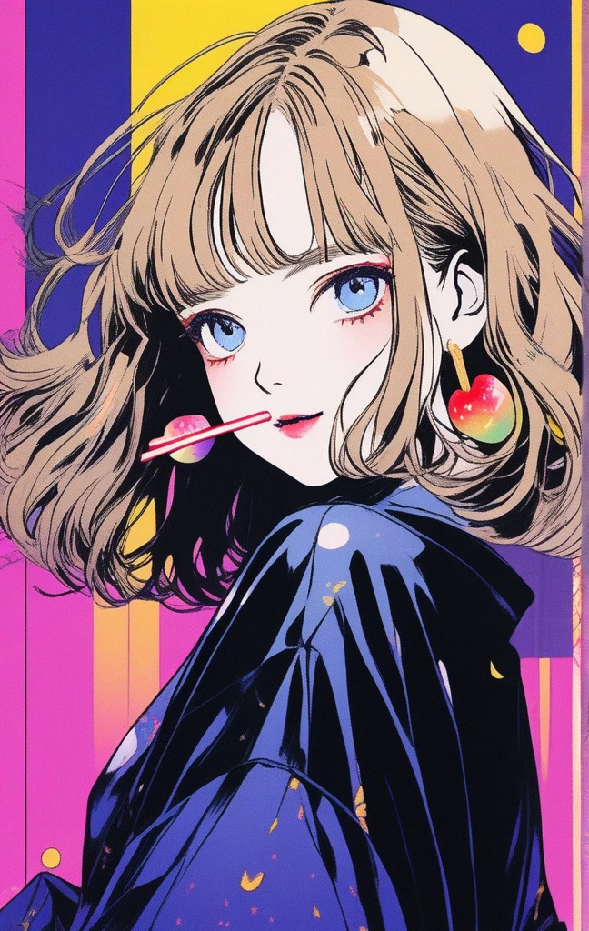 (Highest quality, sketch:1.2),Realistic,An illustrationレーター,anime,1 girl, Detailed lips, kimono,custom, Black and gold gradient background,Neon Hair,Texture Cropping, masterpiece, Style: Retro Classic, Black Style 、An illustration、art、70s horror movie posters, Supervised by Junji Ito、Attention to detail, Realistic Shadows、Analog Style, chromatic aberration, Surrealism、Complementary Gradient、1 girl, 18yo, (flat chest: 1.5), Blue eyes, light brown hair, bob cut, summer outfit, smile, open mouth, standing, upper body, (various pose:1.5), summer festival, holding candy apples with stick, crowd, night, 8k, RAW photo, best quality, masterpiece, extremely detailed 8k wallpaper, ultra-detailed, best shadow, detailed background, beautiful detailed face, beautiful detailed eyes, nice hands, perfect hands