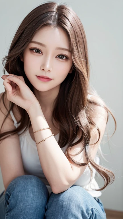 masterpiece, Highest quality, High resolution,alone,brown,artistic,Best lighting,casual,Flat Chest,Beautiful Face,expensive,smile,light makeup,26 years old,Calm woman,Detailed Hair,Laughing woman,Face Focus,Wavy Hair,Woman in jeans,Very white skin,Thin eyebrows,

