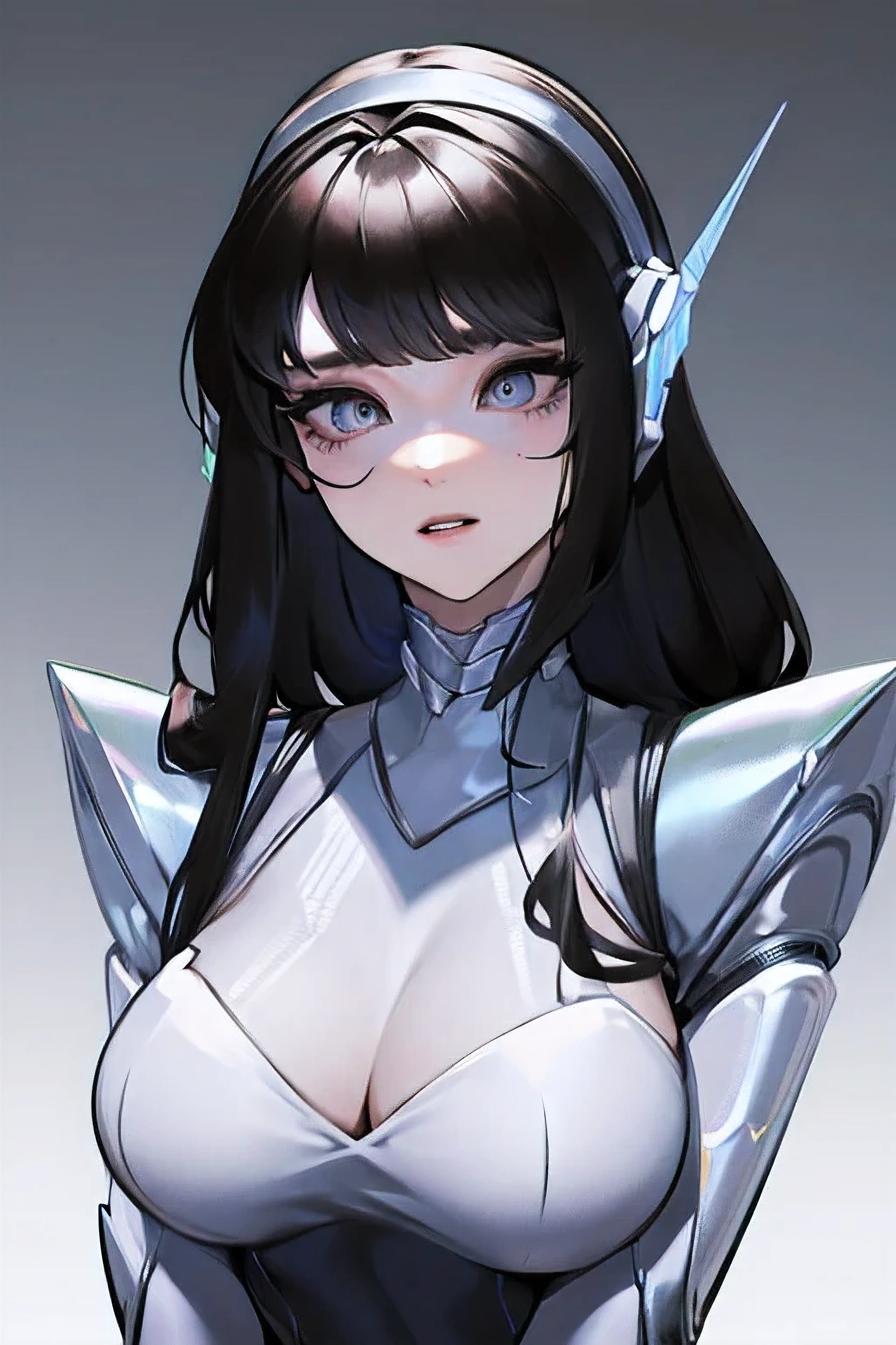 empty eyes,robotized woman ,big bust,Robot Joint ,Metal skin,Black Suit,long hair,Robot Joint, visor