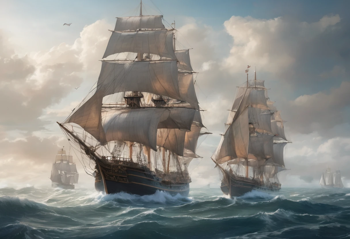 (Ocean landscape scene with ship)、(Two ships race:1.2)、(2 Galleons:1.2)、(Ship)、(Complete drawing from bow to stern:1.2)、(sail)、膨らんだsail、Detailed Description、Blur the background、horizontal line、(masterpiece, Highest quality:1.2)、4K High Resolution、