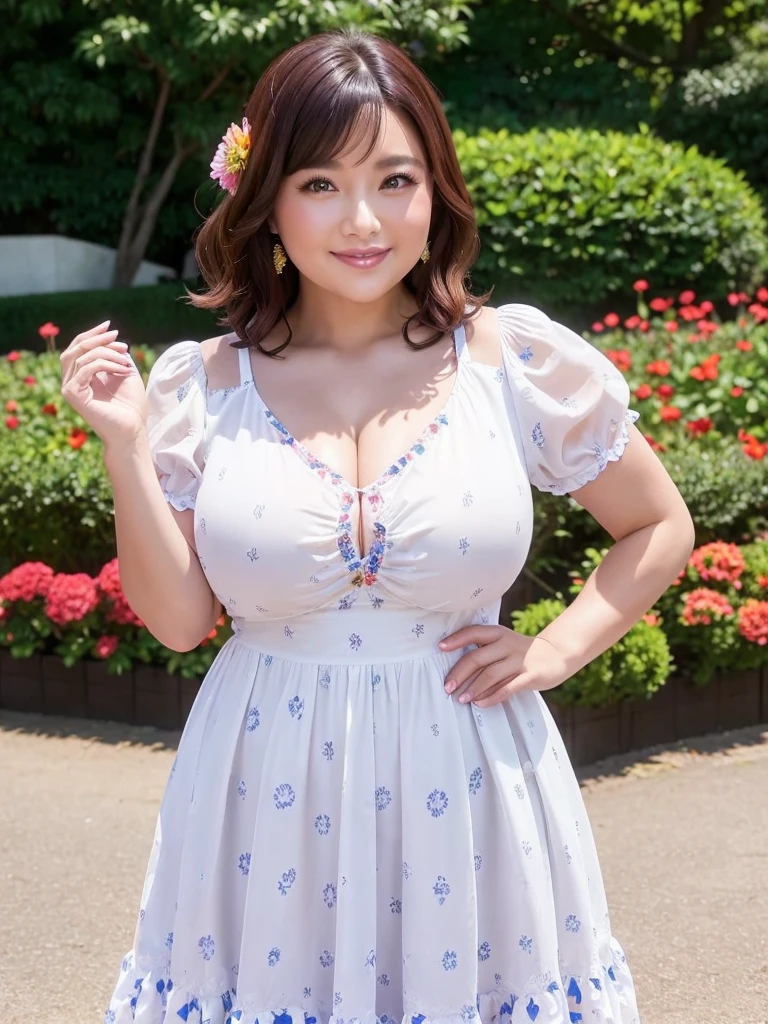 A beautiful and hot almost chubby mature woman.who is wearing a patterned short dress and is and standing in the park. A smiling face、sexy woman、A radiant smile、adorable、race、Frills、Colorful design、Full-length mirror、An inviting gaze、Gorgeous long and beautiful hairstyle、variation Hairstyle、Open neck blouse、Flower Garden、Sparkling、Elegant Princess、さらさらヘアー