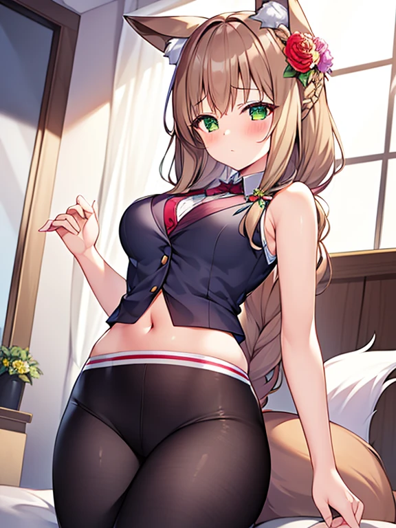 masterpiece, Highest quality, Highest Resolution, One girl, alone, Oversized fox tail,Green Eyes,(Long brown hair_Sideways French braided hair),Small flower head dress, (Age 27,Busty Wife)_Mature female figure_F Cup,modern architecture,(Blushing:1.3),Represents medium , On the stomach_Succubus Tattoo, Mature Woman, sexy sports vest