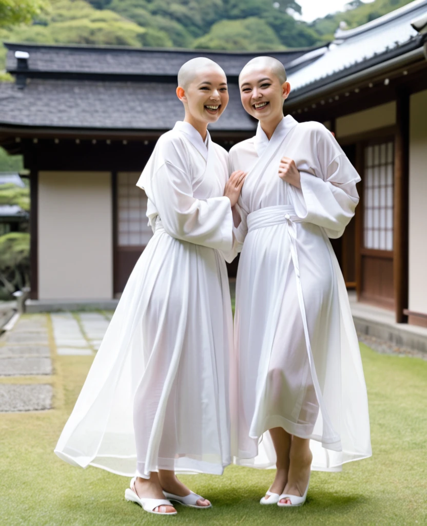 Two Japanese nuns having fun、The grounds of the nunnery、Shaved Head、Transparent Robe、Touching each other&#39;s bodies、レズビアン