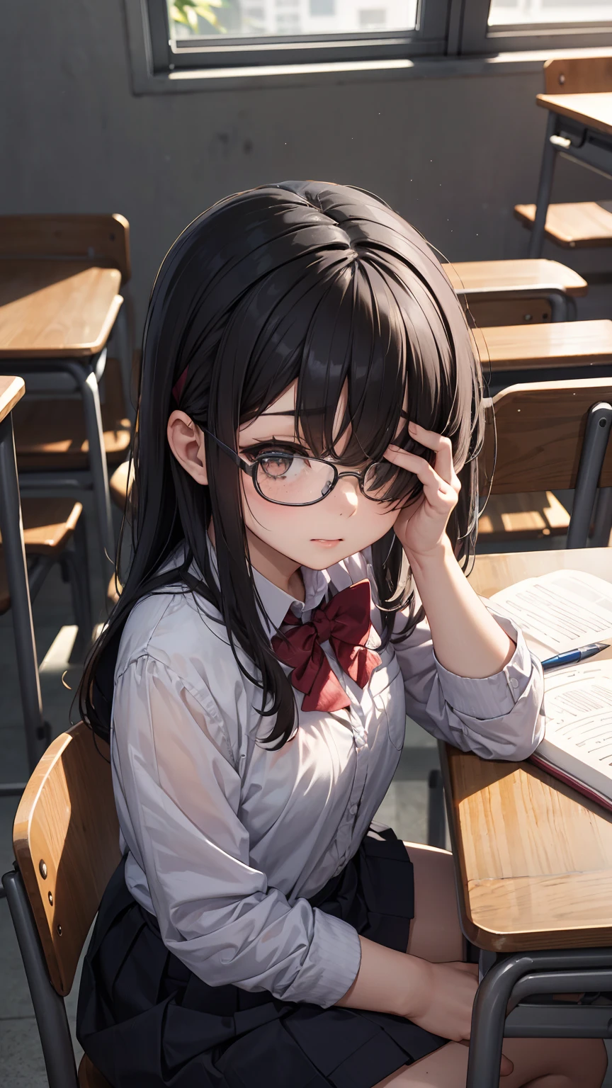 ((((School、During class、classroom)))、、middle School girls、((((((Sit in a chair and take a class、I have a pen、Notebooks and textbooks、)))))(((Serious face、Future outlook、Slender body)))、、Low length、((((((Eyes hidden by long bangs:1.2))))))、((([(freckles、Long black hair:1.2　hair band))))(((( Black-rimmed glasses:1.2　black eye)))、Side view、,Official Art、High resolution、Hyper Detail、[Angle from below:0.7]Upper Body
