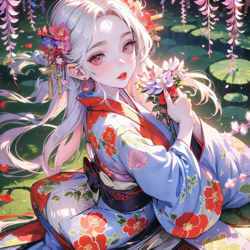 portrait of 1 girl,close face, short hair, cute big eyes, wavy hair, pale skin, makeup, red lips, sitting, kissing flowers, , kimono, hanfu, floral print, (Beautifully Aesthetic:1.2),field, wisteria, peace, tranquility, serenity, petals