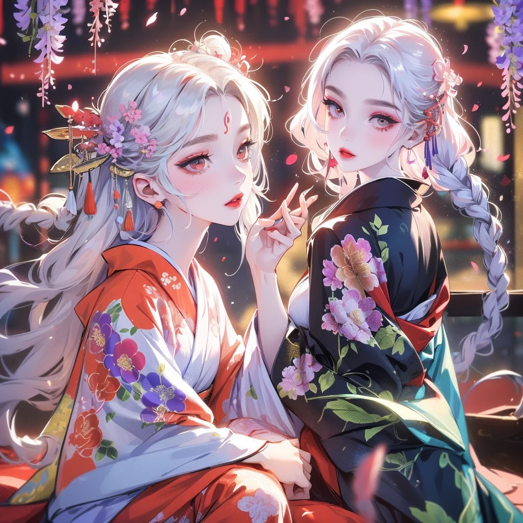 portrait of 1 girl,close face, short hair, cute big eyes, wavy hair, pale skin, makeup, red lips, sitting, kissing flowers, , kimono, hanfu, floral print, (Beautifully Aesthetic:1.2),field, wisteria, peace, tranquility, serenity, petals