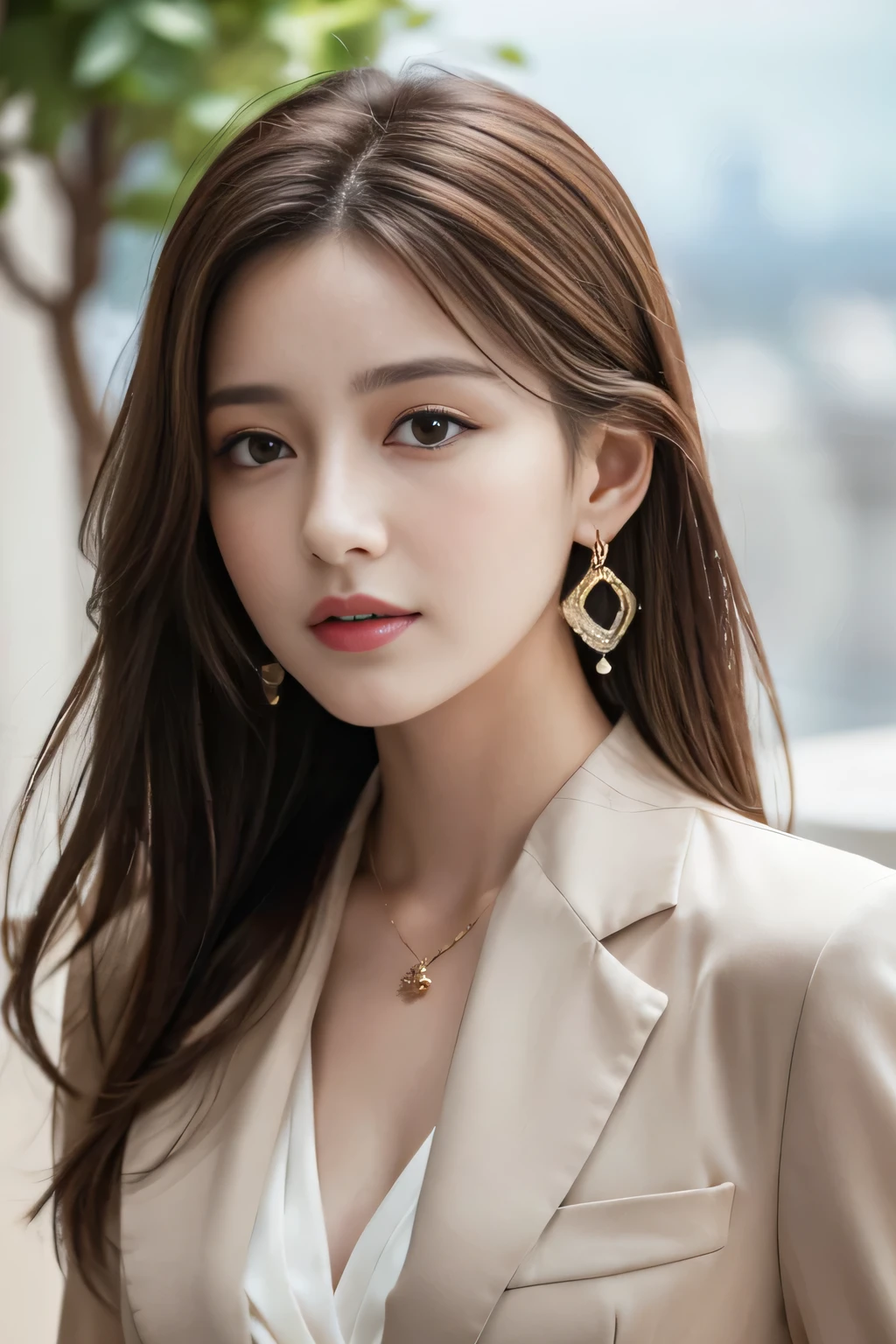 masterpiece, Highest quality, Realistic, Very detailed, Finer details, High resolution, 8k wallpaper, One beautiful woman,Wear a nice suit, On a wonderful cafe terrace, At noon, Light brown messy hair, Perfect dynamic composition, Beautiful and beautiful eyes、Big earrings、