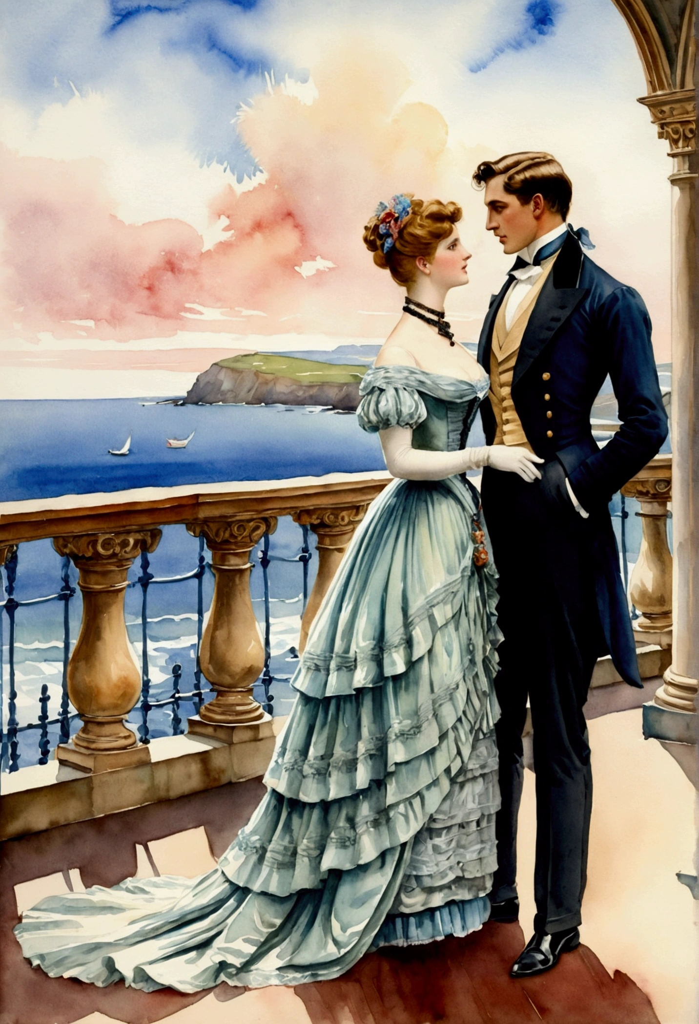 A romantic scene, a full body view of buxom elegant bude lady and a young dressed man on a terrace overlooking the sea. Victorian era, watercolor painting
