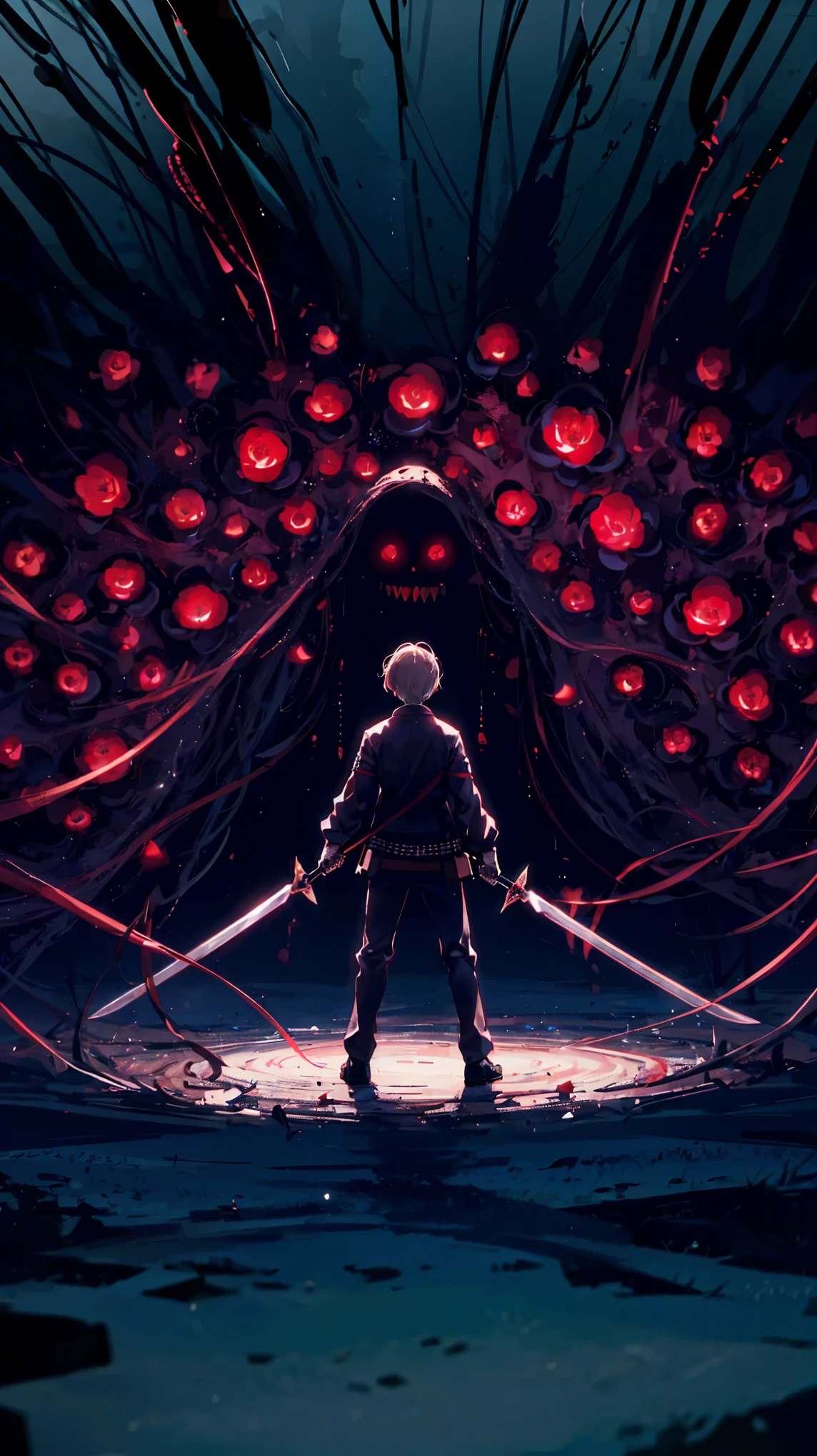 An enigmatic character stands before a vast, dark entity covered in countless red eyes, holding twin swords. The eyes seem to pierce through the darkness, creating an unsettling atmosphere. The scene is depicted with a high level of detail, with a focus on the eerie glow of the eyes and the contrasting dark background, ((Best quality)), ((masterpiece)), (detailed:1.4), fighting (High Dynamic Range), Super-Resolution, ,Subsurface scattering, PBR Texturing, Post-processing,Anisotropic Filtering, Depth-of-field, Maximum clarity and sharpness, Multi-layered textures, Albedo and Specular maps, Surface shading, Accurate simulation of light-material interaction, Perfect proportions, Octane Render, Two-tone lighting, Wide aperture,Low ISO, White balance, Rule of thirds