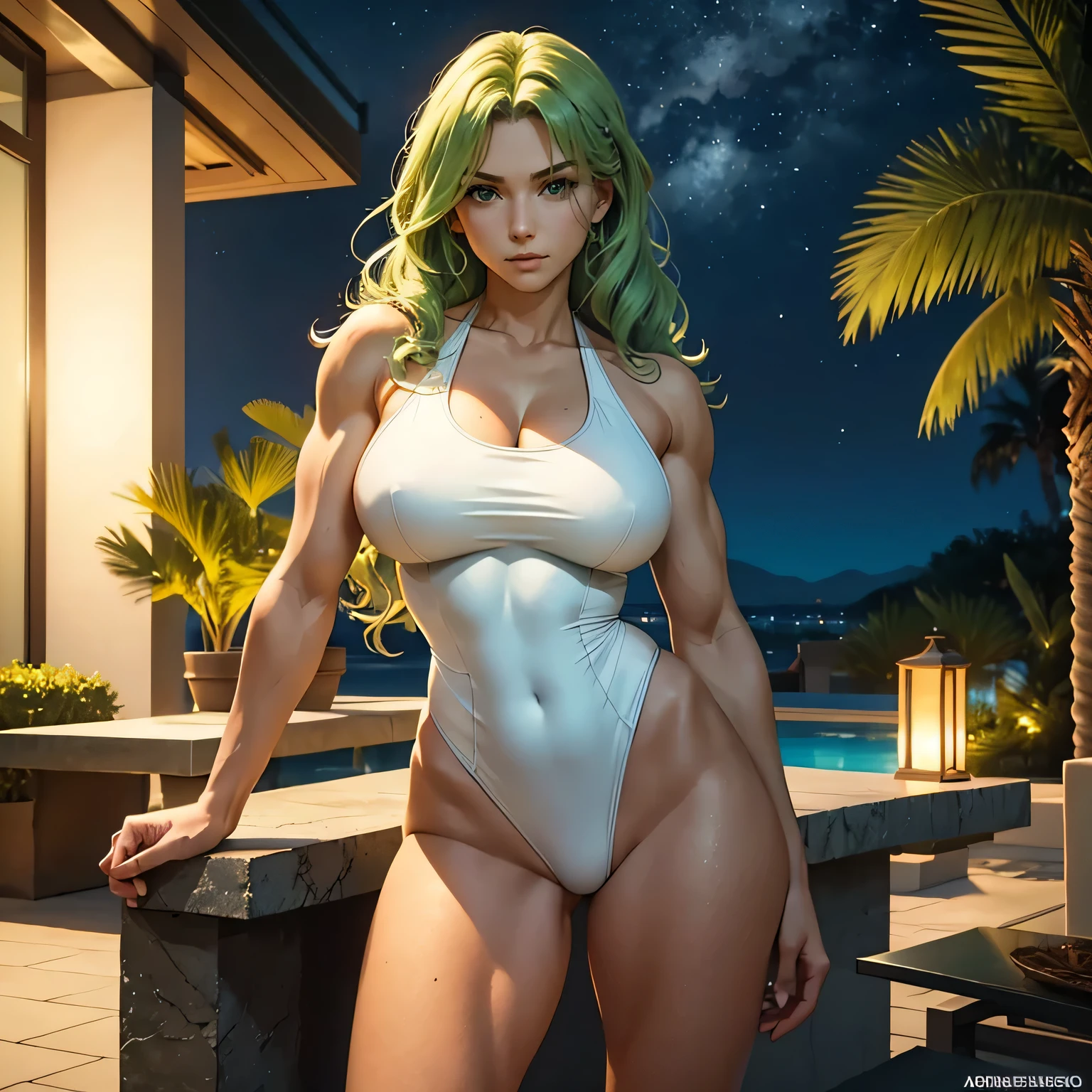 masterpiece, best quality, agrias, a woman, solo, wearing a white one piece swimsuit, green hair, high leg, wavy hair , muscular , detailed face, muscular detailed face, 2, modern house patio, big breasnding, head up, Night time