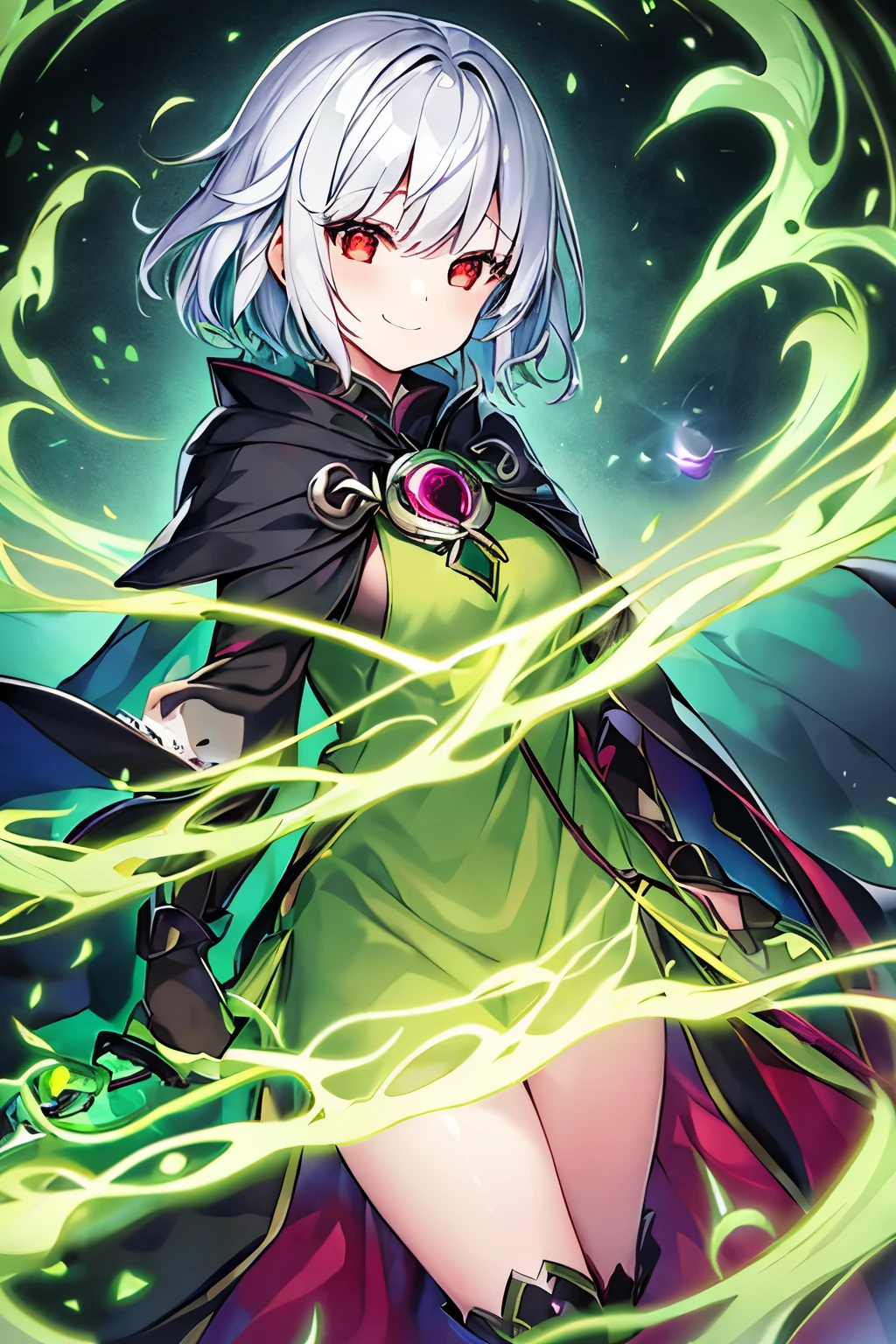 1 girl、Silver short hair、Hollow, glowing red eyes、Fantasy、witch、((黒とGreen clothes))、((Green clothes))、Aggressive design、Cape、Yellow decoration、accessories、Villain、Magical Items、whole body、Mysterious Forest、Wind Magic、Dark Magic、Dark Aura、Grin