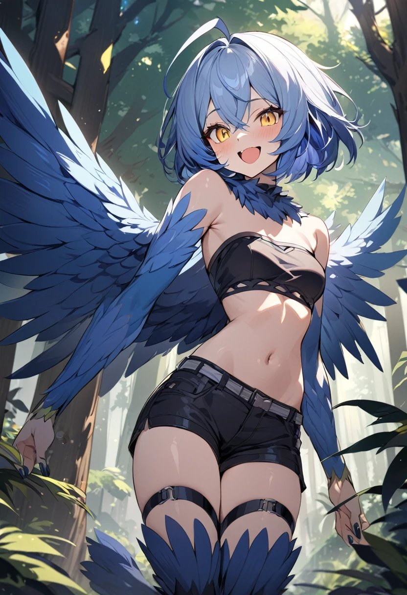 Highest quality, 4K, ((masterpiece)), Very detailed, 8k, Trending on Art Station, Complex, Attention to detail, Sharp focus,
One girl, Ahoge, wing, monster Girl, wingのある腕, alone, Harpy, Blue Hair, blue wing, Shorts, feathered wing, Open your mouth, feather, nail, forest, Small breasts, short Shorts, Yellow Eyes,Cowboy Shot, smile, Bandeau, short hair,scale, Bird's feet, View your viewers,belly button, Tight waist,