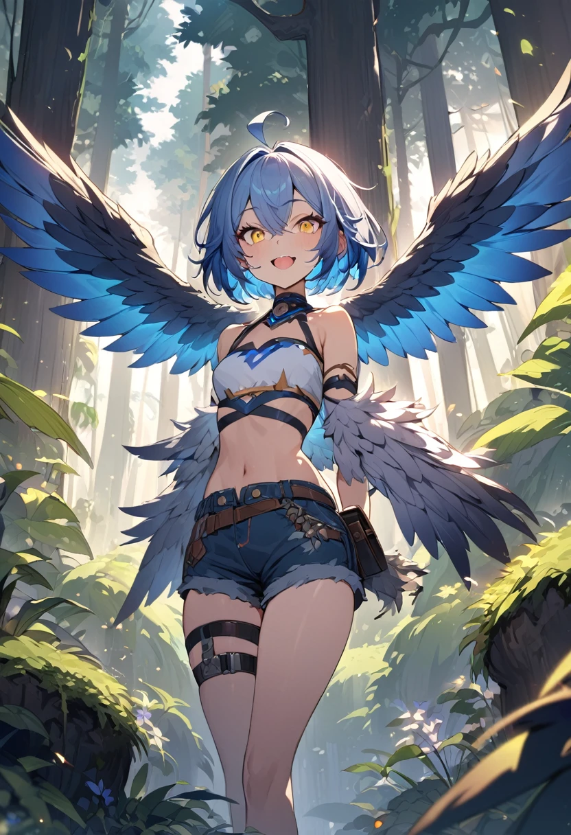 Highest quality, 4K, ((masterpiece)), Very detailed, 8k, Trending on Art Station, Complex, Attention to detail, Sharp focus,
One girl, Ahoge, wing, monster Girl, wingのある腕, alone, Harpy, Blue Hair, blue wing, Shorts, feathered wing, Open your mouth, feather, nail, forest, Small breasts, short Shorts, Yellow Eyes,Cowboy Shot, smile, Bandeau, short hair,scale, Bird's feet, View your viewers,belly button, Tight waist,