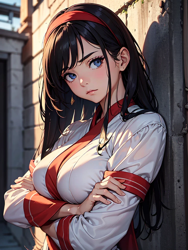 (​masterpiece、top-quality、hight resolution、Unity 8k、extremely details CG:1,Best Picture), A female escort with a blank, disinterested stare is leaning against the wall with her arms crossed. She has smudged makeup and is wearing a tight dress that looks a bit worn out. Her body language shows that she doesn't care about the situation, and she appears to be mentally checked out. red ribbon, hairband, small breasts, nsfw