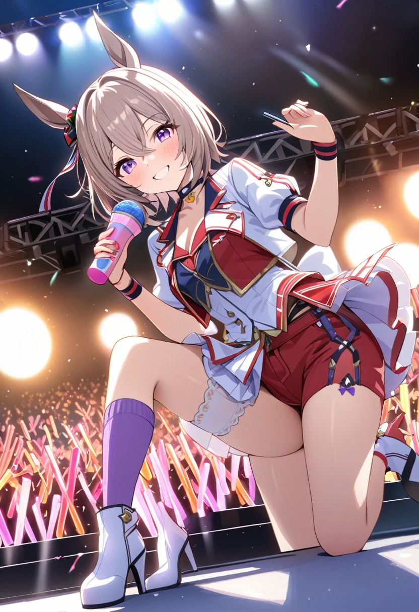 Highest quality,masterpiece, High resolution,original, Beautiful attention to detail,Very detailed, grass wuponder \(umamusume\), One girl, alone, (The beginning of the future), choker, Red shorts, Short shorts, lupong sleeves, Purple knee socks, White jacket, Best, Garter Straps, boots, White footwear, Wristband,shirt,White Skirt, Overskirt, High heels, View your viewers, smile, stage, stage lights, upon_stage, cuponcert, glowsticks, Idol, Holding_microphupone, microphupone, screen, Spotlight