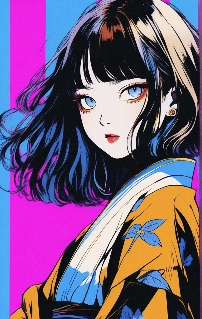 (Highest quality, sketch:1.2),Realistic,An illustrationレーター,anime,1 girl, Detailed lips, kimono,custom, Black and gold gradient background,Neon Hair,Texture Cropping, masterpiece, Style: Retro Classic, Black Style 、An illustration、art、70s horror movie posters, Supervised by Junji Ito、Attention to detail, Realistic Shadows、Analog Style, chromatic aberration, Surrealism、Complementary Gradient、1 girl, 18yo, (flat chest: 1.5), Blue eyes, light brown hair, bob cut, summer outfit, smile, open mouth, standing, upper body, (various pose:1.5), summer festival, holding candy apples with stick, crowd, night, 8k, RAW photo, best quality, masterpiece, extremely detailed 8k wallpaper, ultra-detailed, best shadow, detailed background, beautiful detailed face, beautiful detailed eyes, nice hands, perfect hands