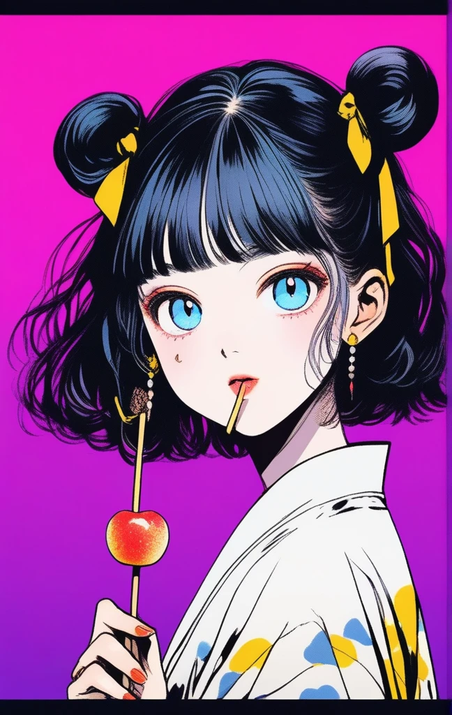 (Highest quality, sketch:1.2),Realistic,An illustrationレーター,anime,1 girl, Detailed lips, kimono,custom, Black and gold gradient background,Neon Hair,Texture Cropping, masterpiece, Style: Retro Classic, Black Style 、An illustration、art、70s horror movie posters, Supervised by Junji Ito、Attention to detail, Realistic Shadows、Analog Style, chromatic aberration, Surrealism、Complementary Gradient、1 girl, 18yo, (flat chest: 1.5), Blue eyes, light brown hair, bob cut, summer outfit, smile, open mouth, standing, upper body, (various pose:1.5), summer festival, holding candy apples with stick, crowd, night, 8k, RAW photo, best quality, masterpiece, extremely detailed 8k wallpaper, ultra-detailed, best shadow, detailed background, beautiful detailed face, beautiful detailed eyes, nice hands, perfect hands