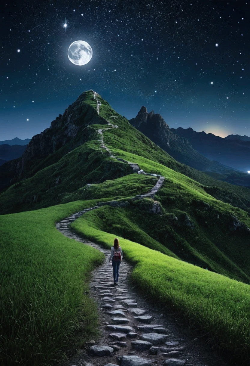 Night view of the moon and stars shining in the sky.Very beautiful scenery, Very detailed, Very detailed show of a mysterious place; In the foreground, a mountain path with bright green grass,Woman walking on mountain path,Back view