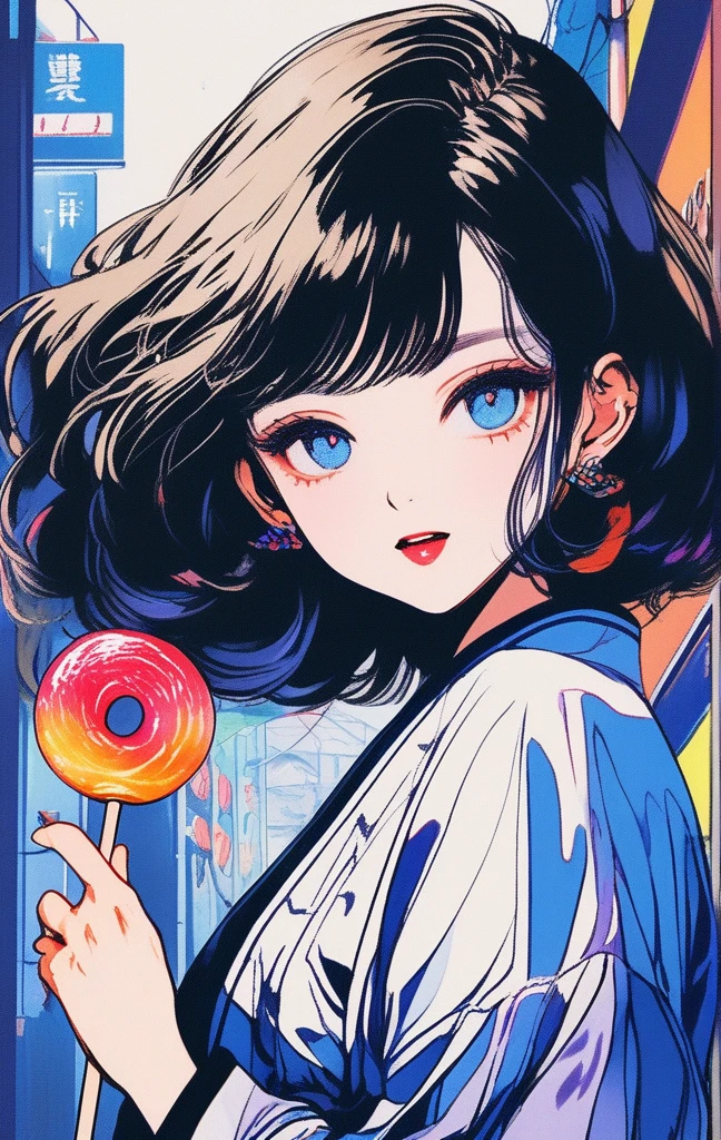 (Highest quality, sketch:1.2),Realistic,An illustrationレーター,anime,1 girl, Detailed lips, kimono,custom, Black and gold gradient background,Neon Hair,Texture Cropping, masterpiece, Style: Retro Classic, Black Style 、An illustration、art、70s horror movie posters, Supervised by Junji Ito、Attention to detail, Realistic Shadows、Analog Style, chromatic aberration, Surrealism、Complementary Gradient、1 girl, 18yo, (flat chest: 1.5), Blue eyes, light brown hair, bob cut, summer outfit, smile, open mouth, standing, upper body, (various pose:1.5), summer festival, holding candy apples with stick, crowd, night, 8k, RAW photo, best quality, masterpiece, extremely detailed 8k wallpaper, ultra-detailed, best shadow, detailed background, beautiful detailed face, beautiful detailed eyes, nice hands, perfect hands