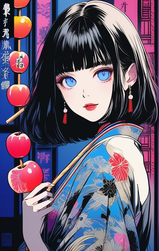 (Highest quality, sketch:1.2),Realistic,An illustrationレーター,anime,1 girl, Detailed lips, kimono,custom, Black and gold gradient background,Neon Hair,Texture Cropping, masterpiece, Style: Retro Classic, Black Style 、An illustration、art、70s horror movie posters, Supervised by Junji Ito、Attention to detail, Realistic Shadows、Analog Style, chromatic aberration, Surrealism、Complementary Gradient、1 girl, 18yo, (flat chest: 1.5), Blue eyes, light brown hair, bob cut, summer outfit, smile, open mouth, standing, upper body, (various pose:1.5), summer festival, holding candy apples with stick, crowd, night, 8k, RAW photo, best quality, masterpiece, extremely detailed 8k wallpaper, ultra-detailed, best shadow, detailed background, beautiful detailed face, beautiful detailed eyes, nice hands, perfect hands