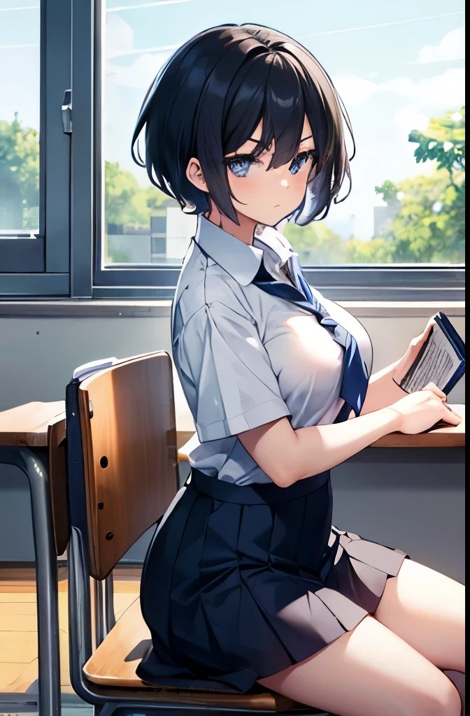 High school classroom,A girl sitting on a chair and studying at a desk,boyish,short hair,Black Hair,blue eyes,Serious face,Summer uniform,mini skirt,Big Breasts,