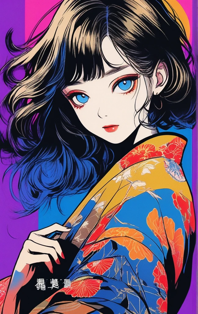 (Highest quality, sketch:1.2),Realistic,An illustrationレーター,anime,1 girl, Detailed lips, kimono,custom, Black and gold gradient background,Neon Hair,Texture Cropping, masterpiece, Style: Retro Classic, Black Style 、An illustration、art、70s horror movie posters, Supervised by Junji Ito、Attention to detail, Realistic Shadows、Analog Style, chromatic aberration, Surrealism、Complementary Gradient、1 girl, 18yo, (flat chest: 1.5), Blue eyes, light brown hair, bob cut, summer outfit, smile, open mouth, standing, upper body, (various pose:1.5), summer festival, holding candy apples with stick, crowd, night, 8k, RAW photo, best quality, masterpiece, extremely detailed 8k wallpaper, ultra-detailed, best shadow, detailed background, beautiful detailed face, beautiful detailed eyes, nice hands, perfect hands