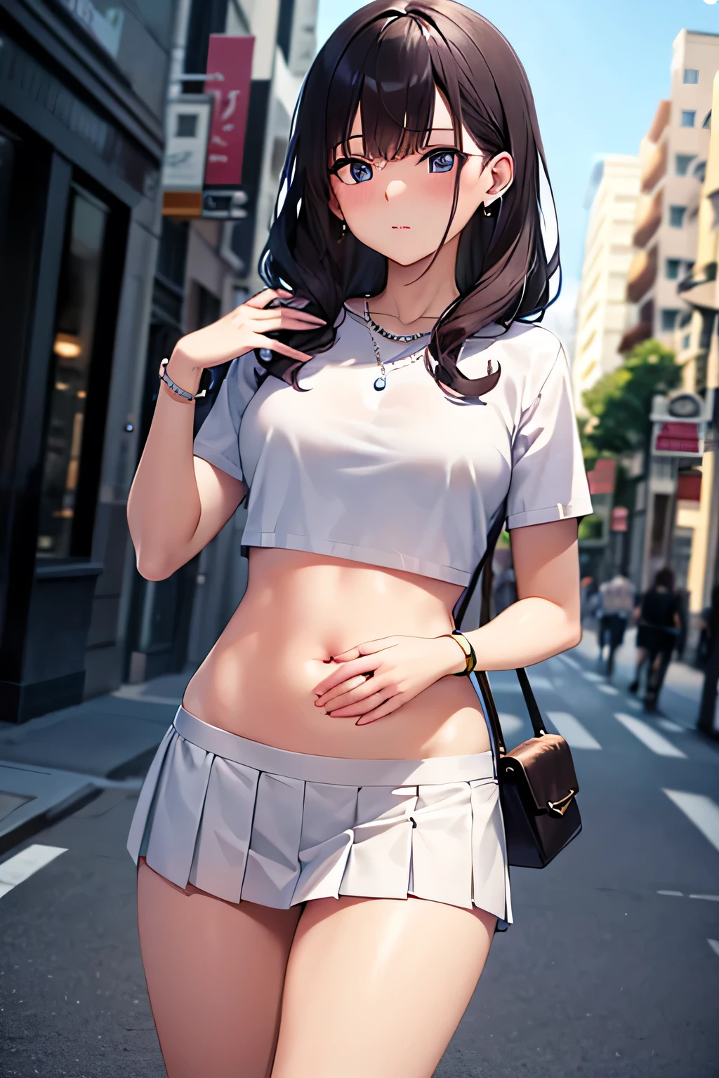 super fine illustration, vibrant colors, masterpiece, sharp focus, best quality, depth of field, cinematic lighting, ultra detailed, crop top, white shirt, short sleeves, white pleated skirt, navel, belly button, tummy, wide hips, 1 girl, solo, milf, long curly hair, slender, blush, mature female, tall woman, looking down, small breasts, stomach, purse, sidewalk, street, city, bangle, earring, pearl necklace, hand on own stomach, thighs, blush, scared
