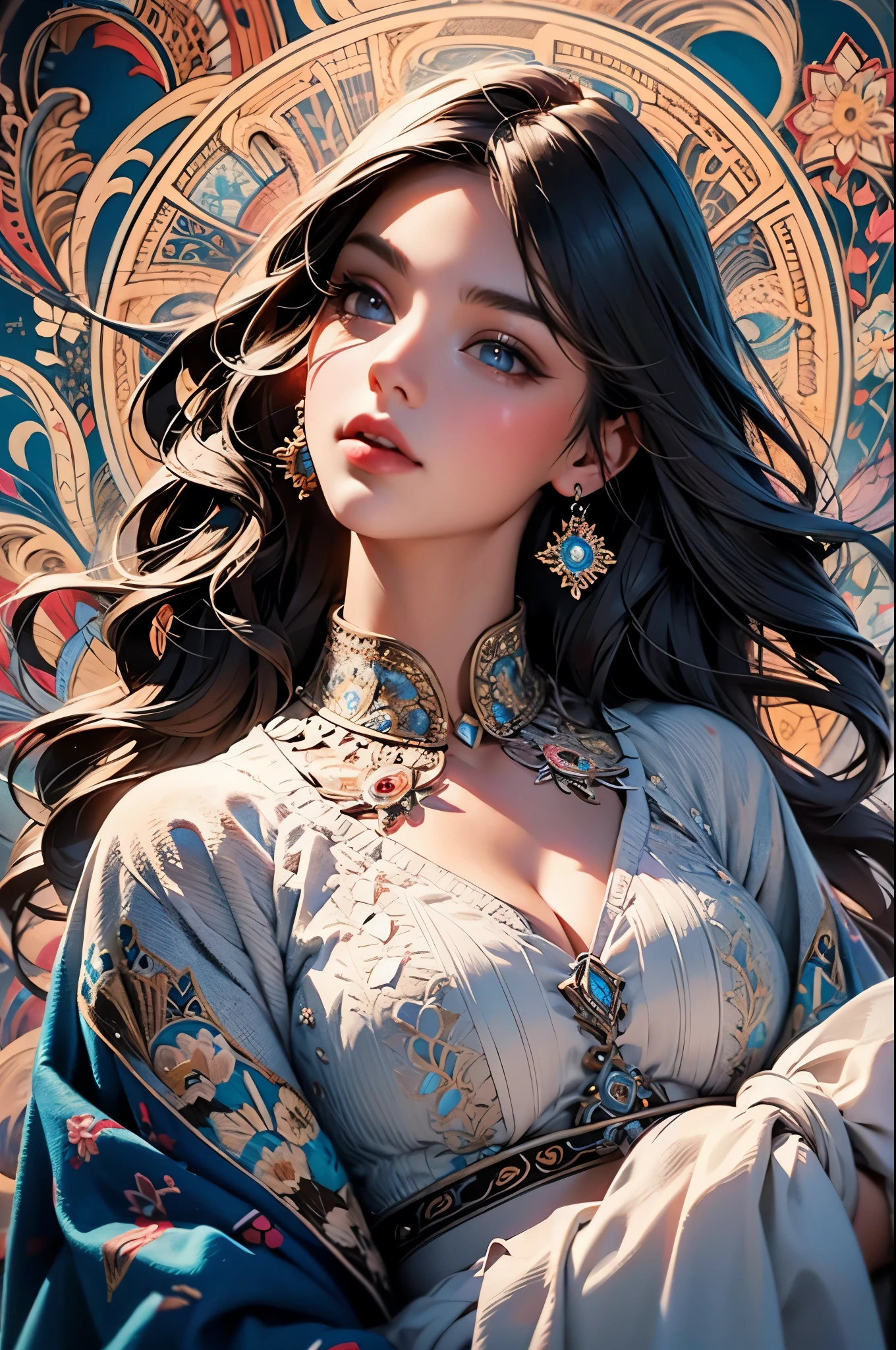 1girl,officialart,unity8kwallpaper,ultradetailed,beautifulandaesthetic,masterpiece,bestquality,(zentangle,mandala,tangle,entangle),dynamicangle,cowboyshot,themostbeautifulformofchaos,elegant,abrutalistdesigned,vividcolours,romanticism,WLOP,atmospheric,ecstasyofmusicalnotes,streamingmusicalnotesvisible