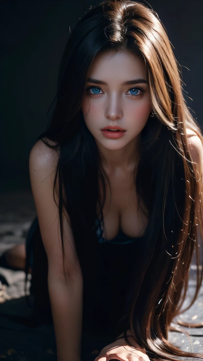 masterpiece, light makeup, messy long hair, super fine details, authentic texture, cinematic lighting realism, 16K, exquisite features, blue eyes, Beautiful Face, smooth skin, ((Dark background)), in all fours
