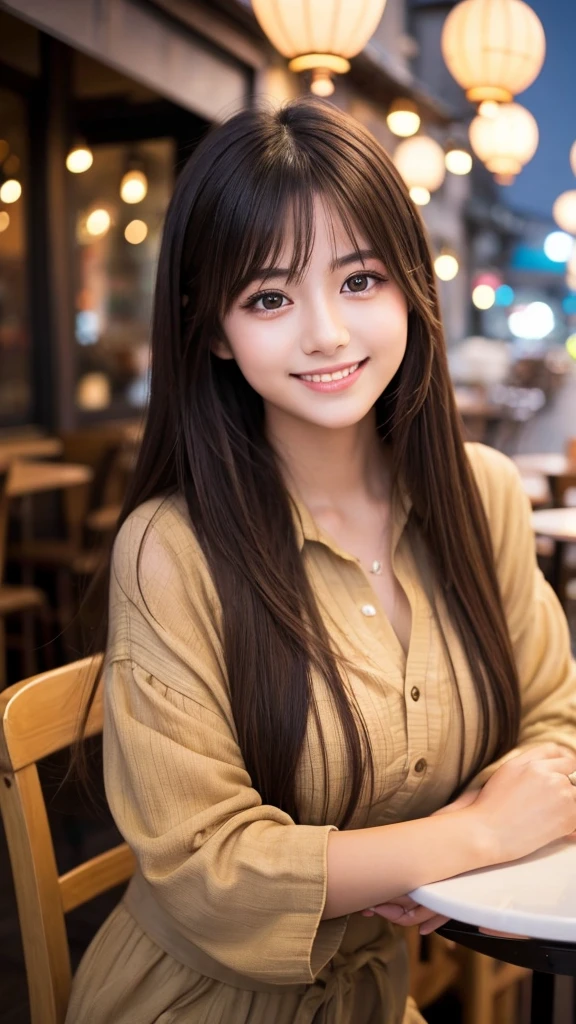 Cute girl working at a cafe terrace　Japanese　１９age　
Professional Lighting　Digital SLR　Beautiful and elaborate face　Perfect and beautiful face　Big eyes Smile