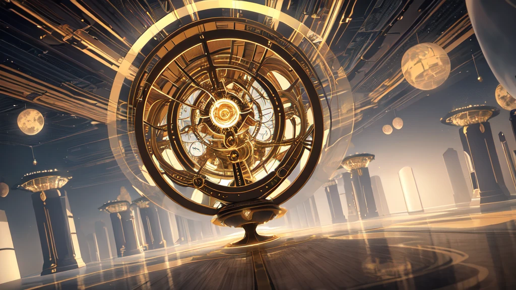 a futuristic time machine, suspended in the center of a golden, ethereal space, surrounded by swirling clouds, intricate clockwork mechanisms, glowing energy fields, advanced technology, cinematic lighting, dramatic shadows, epic sci-fi, highly detailed, 8k, photorealistic