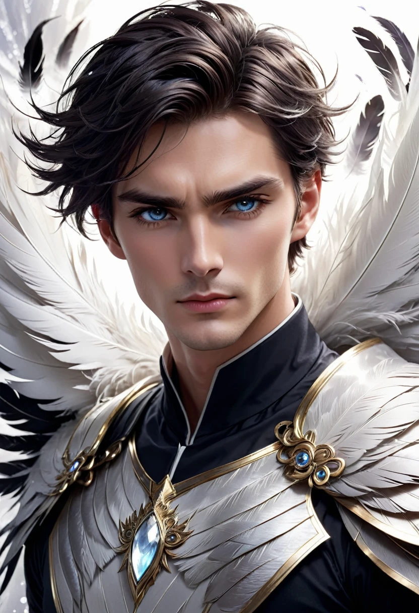Evan is a strikingly handsome young man, possessing an ethereal quality that makes him stand out in any crowd. His features are finely chiseled, with high cheekbones, a strong jawline, and piercing silver eyes that seem to see right through to one's soul. His tousled, dark hair falls in soft waves around his face, adding to his otherworldly allure. Despite his captivating appearance, Evan is known for his stubborn streak. Once he sets his mind to something, it's nearly impossible to sway him. Beneath his resolute exterior, however, lies a sensitive heart. He feels things deeply, though he rarely shows it, and his emotions are a driving force behind his actions. His sensitivity often leads him to unexpected moments of vulnerability, making him a complex and compelling character. With wind and white shining feathers as his power that tells his otherworldly characteristics.