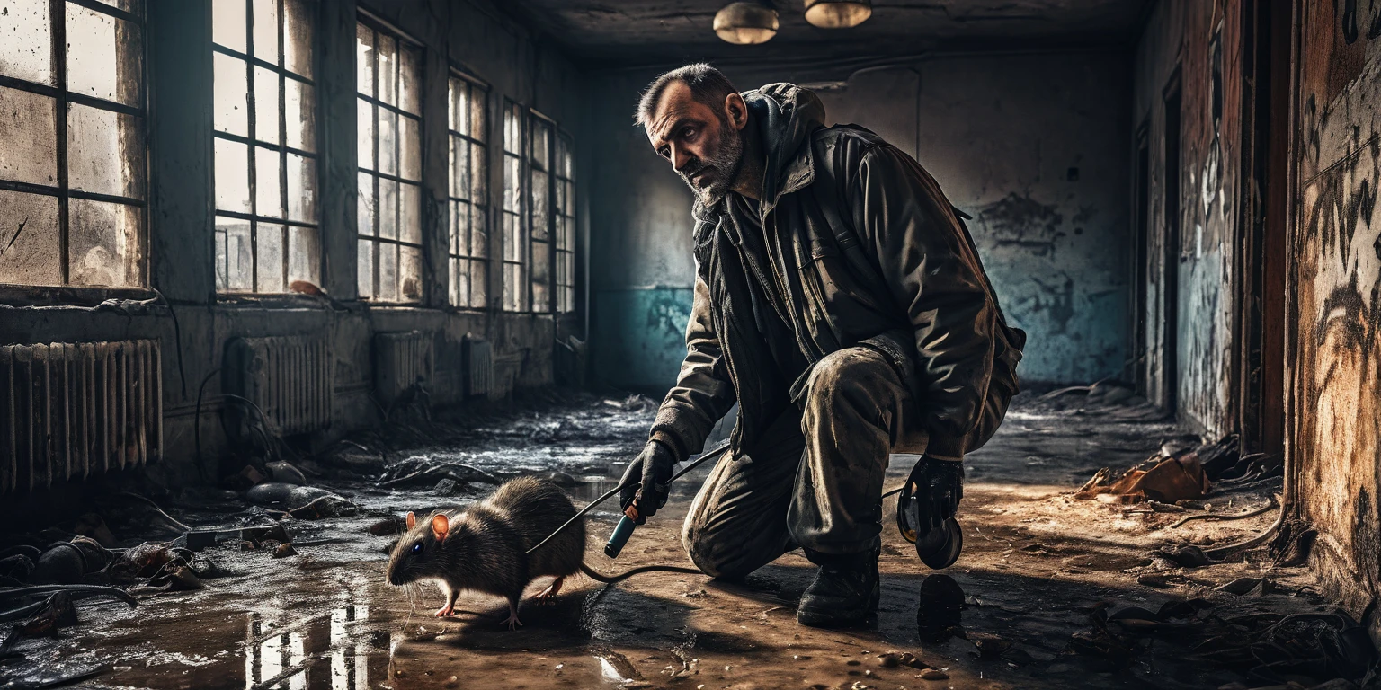 a man in dirty casual clothes, pest control, killing rats and cockroaches, dirty abandoned place, toxic spray, vermin extermination, detailed realism, photorealistic, cinematic lighting, dramatic shadows, gritty urban decay, high-contrast, muted colors, grunge aesthetic, masterpiece, ultra-detailed, hyper-realistic, HDR, 8k, professional photography