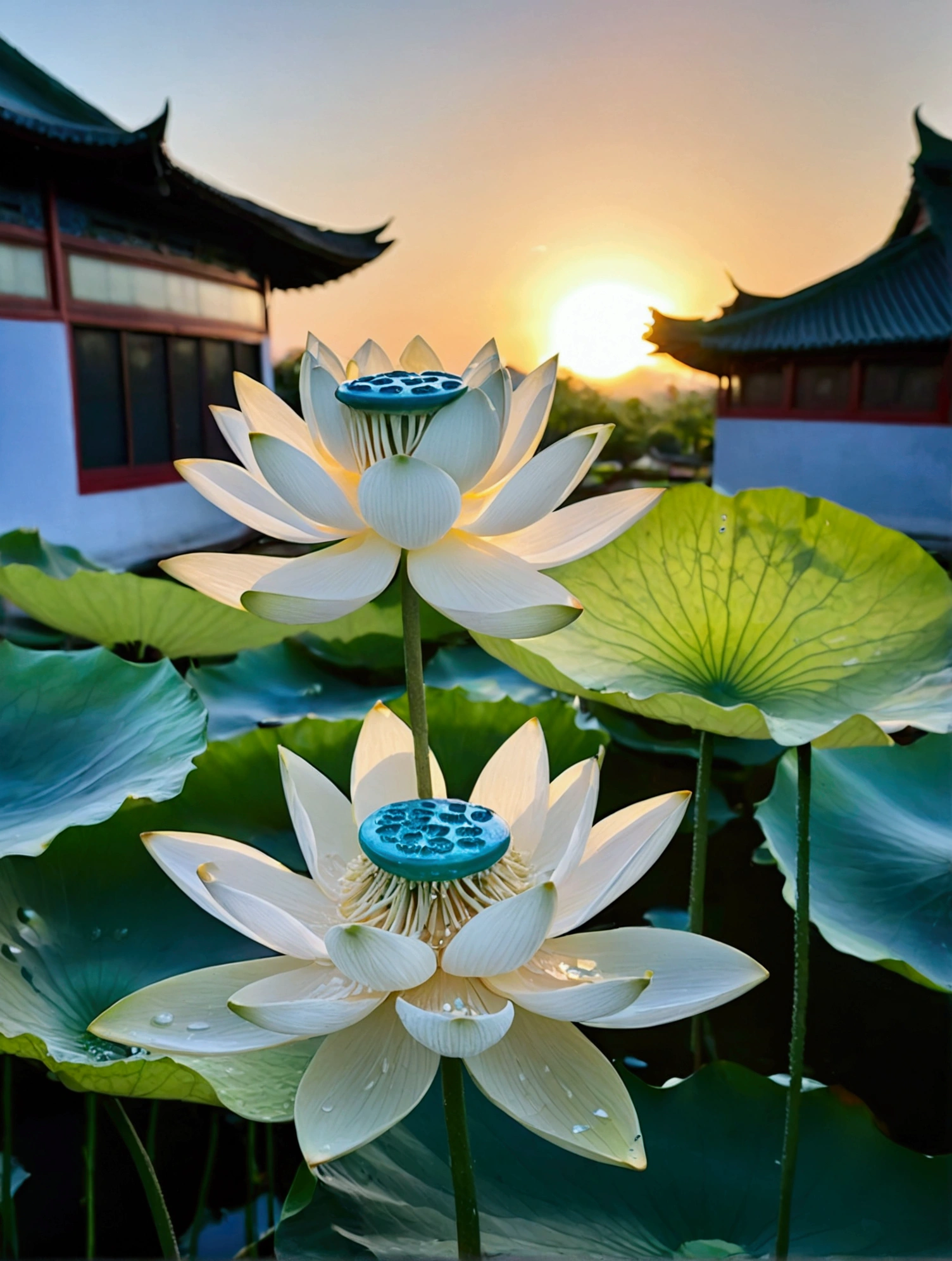 There are a lot of dew on the light white lotus,Green lotus pod,There is a Chinese building behind,There is a beautiful sunset,Real photography,Fresh and natural picture,best quality, high resolution, 16K