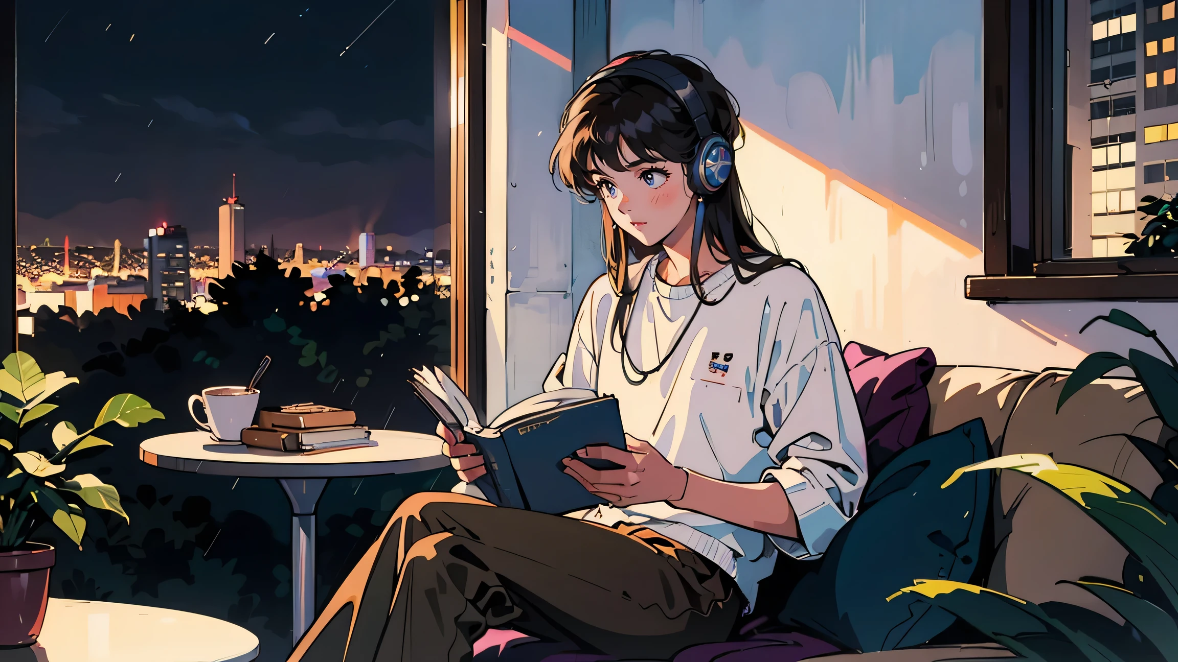 Highest quality, 8k, 1980s style,1980s Hairstyles, 21 year old girl, Black Hair, Long Hair, Light brown eyes, City Pop, pants ,Night view, He is wearing headphones and looking down while reading a book., whole body, Relax Coffee,table,Outside the window it&#39;s raining