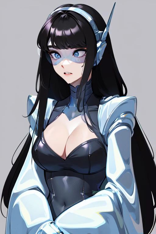 empty eyes,robotized woman ,big bust,Robot Joint ,Metal skin,Black Suit,long hair,a suit that covers the whole body