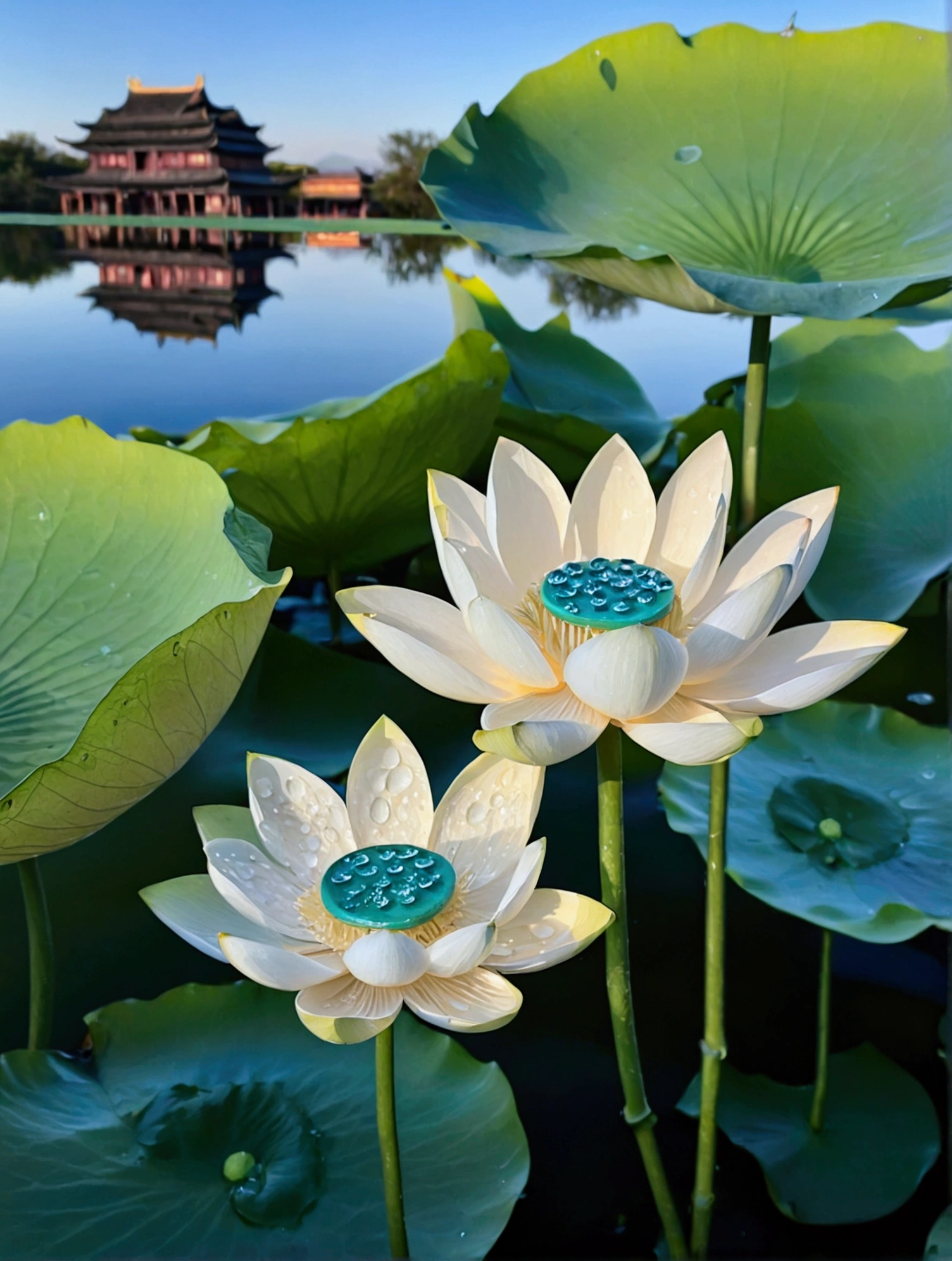 There are a lot of dew on the light white lotus,Green lotus pod,There is a Chinese building behind,There is a beautiful sunset,Real photography,Fresh and natural picture,best quality, high resolution, 16K