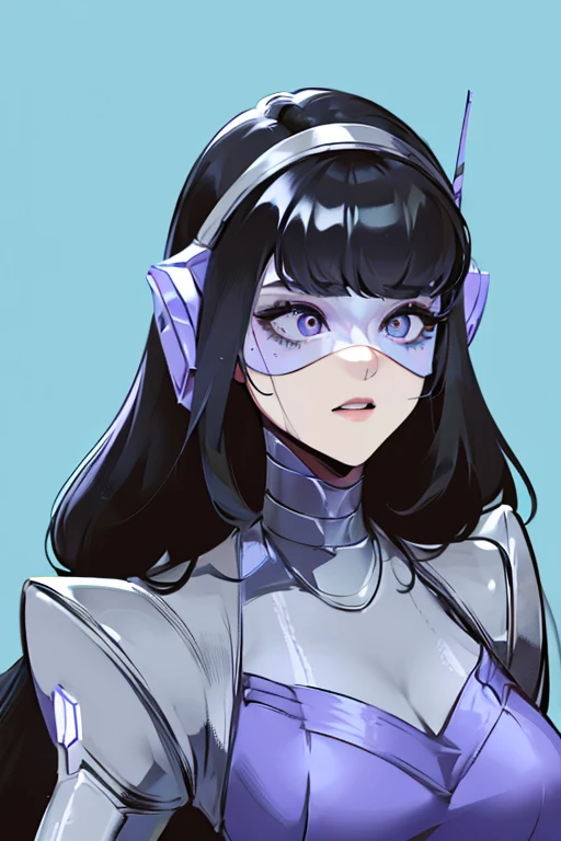 empty eyes,robotized woman ,big bust,Robot Joint ,Metal skin,Black Suit,long hair,Robot Joint, visor