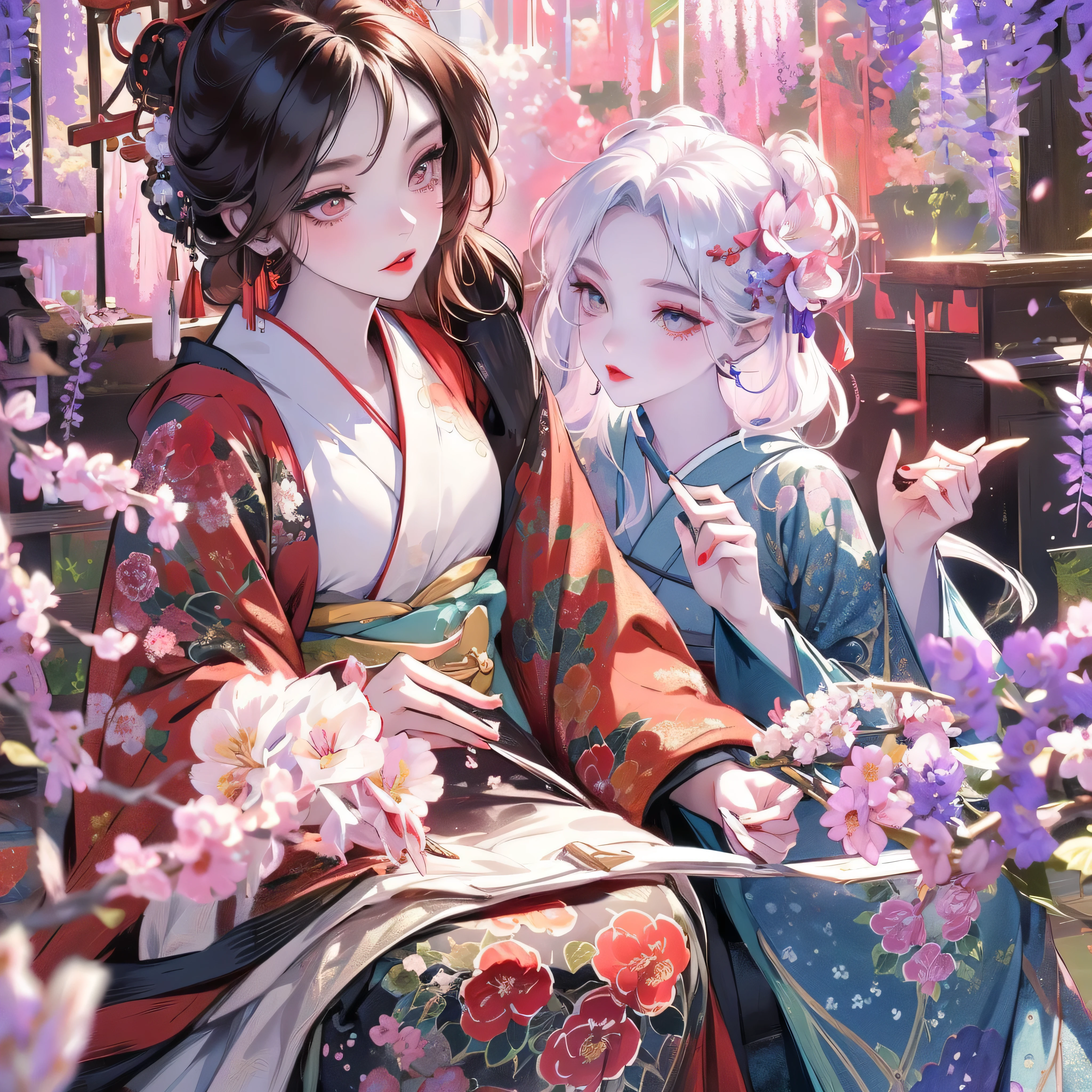 portrait of 1 girl,close face, short hair, cute big eyes, wavy hair, pale skin, makeup, red lips, sitting, kissing flowers, , kimono, hanfu, floral print, (Beautifully Aesthetic:1.2),field, wisteria, peace, tranquility, serenity, petals