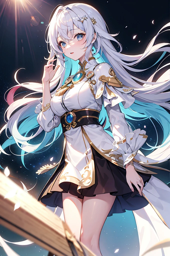 {{masterpiece}},Best quality,Highly detailed CG Unity wallpaper,light,lens flare,Beautiful and delicate eyes,Colorful hair,彩色light,particulates,Different colors,(One color:1.5), (Colorful hair:1.5),Gale
