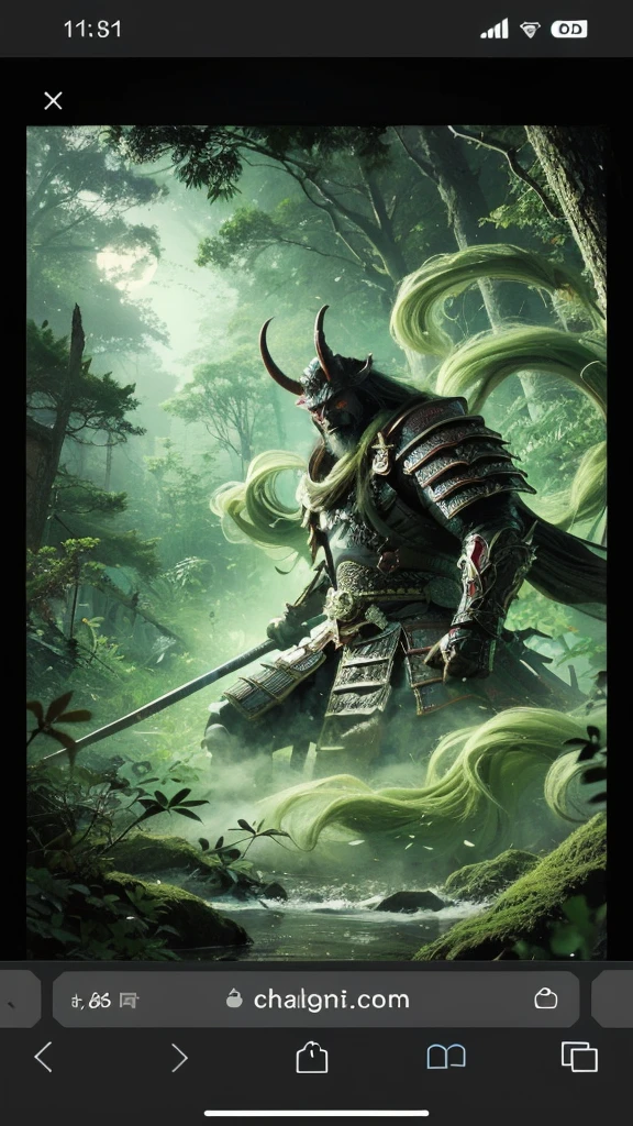 The demon、A traditional Japanese monster、Red skin、Big hornuscular々It is a being with a physique of。He was in the dark forest deep in the mountains、Standing among the ruins of an ancient temple。There is a thick fog all around、Behind them looms the full moon.。The Demon Swordmaster、His gaze is powerful, but、There's something sad about it。His costume is reminiscent of an ancient warrior.々In new armor、Deep blue and green fabric is sewn into the。This image is、It represents the legendary power and spiritual depth of the demon.。