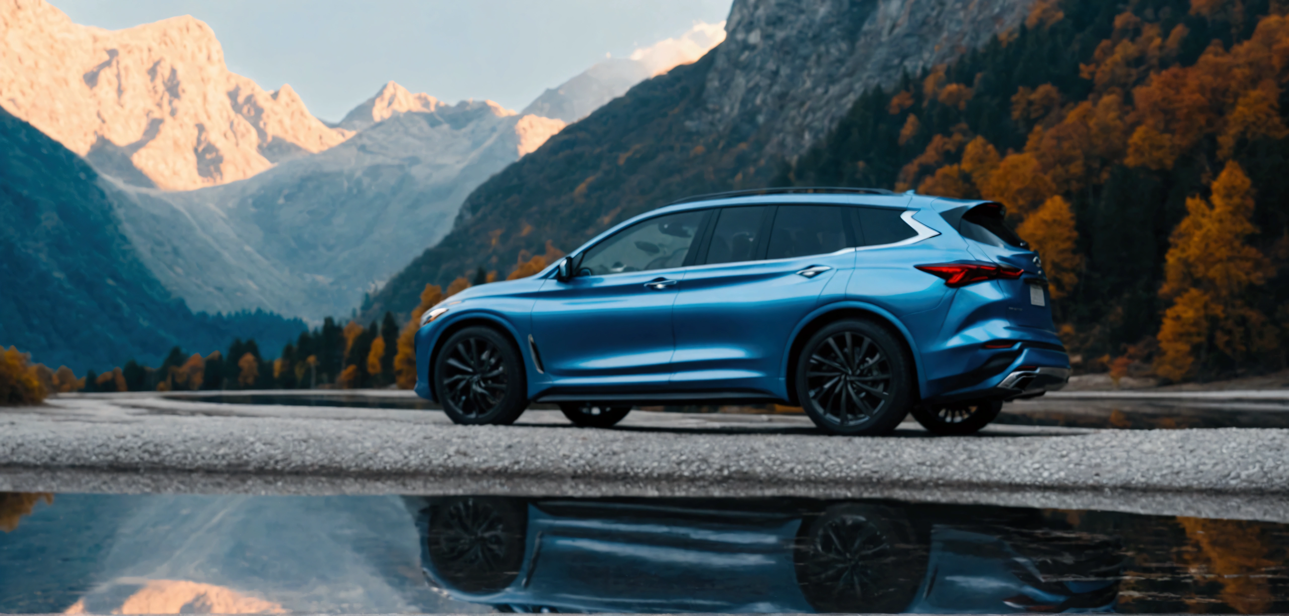 Close-up of a blue 2020 Infiniti parked in front of a mountain, High-quality images, 🤬 🤮 💕 🎀, emphasize, new design, Inspiring, Environmental photography, 6k, 6,000, High quality photos, Subtle details, Inspired by Harry Haenigsen, inspiration, video, Instagram Post, edit, aerodynamics