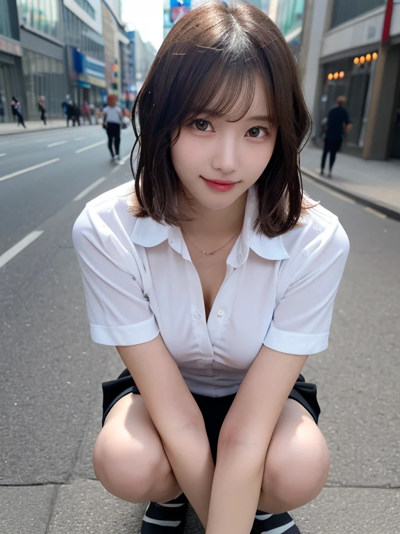 (((SEXYなEmphasize the chestするマイクロビキニ:1.75)))、(((Sexy knee-highs:1.35)))、((((Emphasizes the sexy crotch:1.35)))、((((Spread your legs wide、Touching the thigh、There is a lot of pubic hair showing off the crotch、large pointy breasts))))、Browsing Caution, (masterpiece, Highest quality, Photorealistic, Official Art:1.4), (超High resolution, 8K Quality Wallpapers, High resolution, RAW Photos:1.2), (Glowing Skin), Professional Lighting, Physically Based Rendering, Award-winning, Highly detailed skin, (Highly detailed face and eyes, Clear pupils), Carl Zeiss 85mm F/1.4, break, One girl, alone, A charmed 18-year-old Korean , (Nogizaka Idol:0.6), (K-Pop Idols:0.9), (Shiny brown wavy short hair:1.2), round face, smile, (Finely shaped teeth:0.3), wearing high school clothes, White collared shirt, (School Ties), clavicle, (Emphasize the chest, Shapely medium breasts), Checked mini skirt, Bare thighs and knees, (Loose fitting socks, loafers:0.8), (looking at the camera), break, On the streets of Shibuya, (Crouching and posing like a gravure model:1.3), (Portraiture, Face Focus:1.2), (super close up shot:0.8), Depth of written boundary, View from the front, View from above,