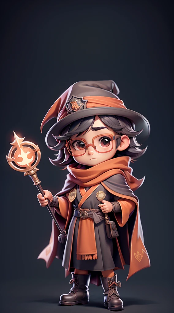Cute boy、chibi style、Large glasses、japanese, Robe, wand, cloak, hat, pointy hat, house orange scarf, wizarding robes, house crest, dress robes, belt, boots, wizard hat, gloves, cape, wizarding accessories, brooch, enchanted accessories, magical attire, Hogwarts uniform, school robes. red scarf