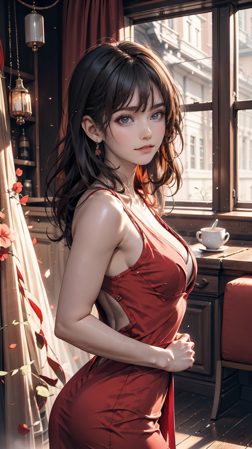 Depicts a woman with an elegant and sexy aura。She is wearing a red dress with bare shoulders.、Standing in the lounge at night。The dress is fitted、Swaying gracefully with your movements。Her long black hair is loosely curled、Flowing down my back。Her expression is full of confidence.、Smiling at the camera。There is soft lighting in the background、The overall atmosphere is romantic and sophisticated.