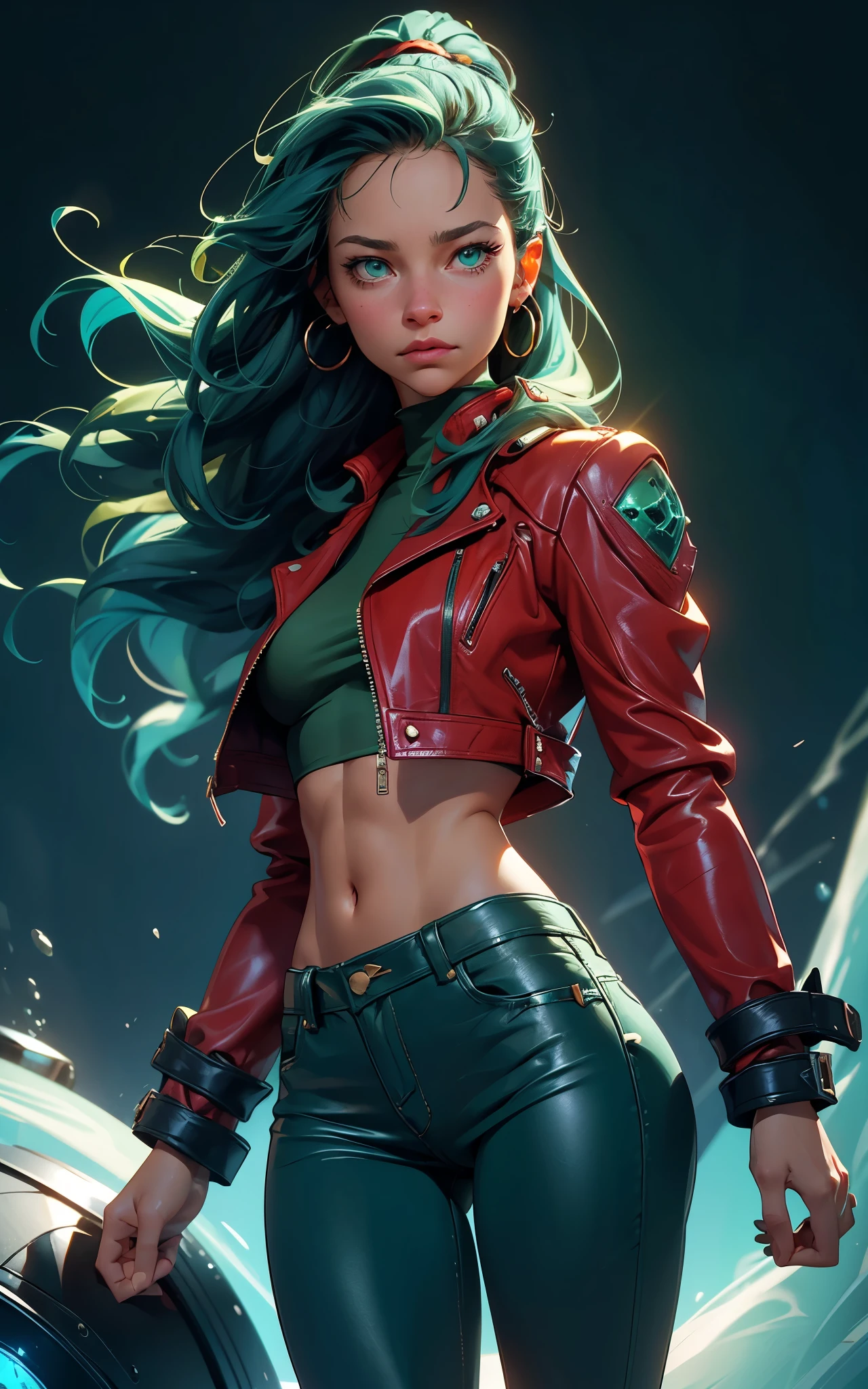 (Alicia Vikander:Evangeline Lilly), green light, glowing eyes, pov below, wind,, masterpiece, best quality, 1girl, cool, serious, medium breasts, long hair, blue hair, red leather jacket, crop top, tight jeans, green eyes, abs