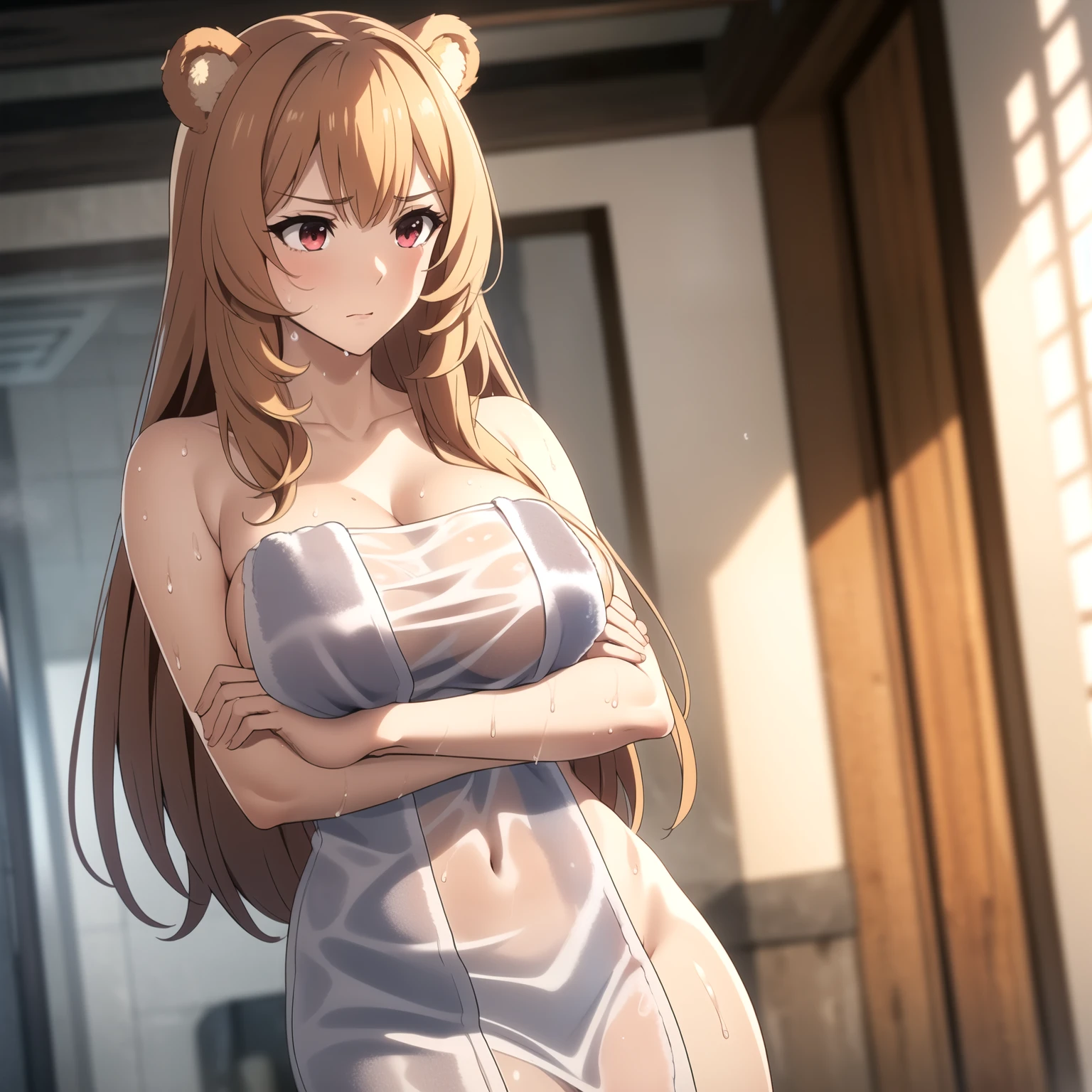 Raphtalia. , bear ears, red eyes, big breasts, orange blonde hair, blonde, embarrassed expression, shame red face, shy,, curves, slender, big breasts, (neckline) , (chest grip), (naked towel, ((see-through naked towel, naked towel))), , dynamic angle, of the highest quality, Super detailed, masterpiece. focused face. 1 single woman. wet body. is getting out of the shower. freshly bathed. perfect hands. wet hair.