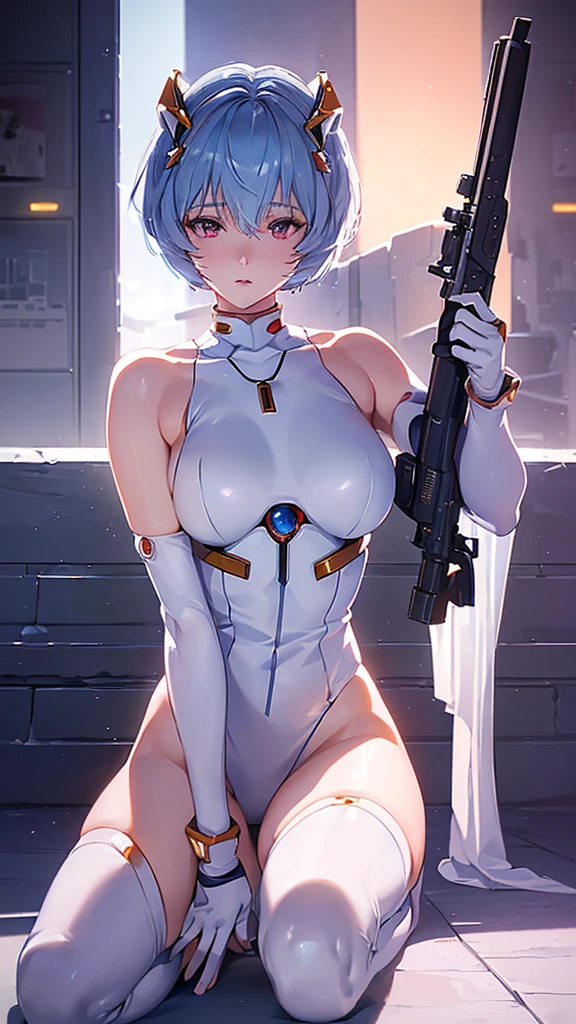 (((Ayanami Rei))),One Girl,alone,(Tabletop,Highest quality, Official Art, beautifully、aesthetic:1.2),(Ultra-high resolution, (4K), (Photon Mapping, Radio City, Physically Based Rendering,Auto White Balance), sense of technology,wonderful,Sharp focus,Rich background, (((Skin with attention to detail,)))Dynamic Lighting,Intricate and elaborate costumes,cute,Watery eye,((short hair,))Expressionless, skin, turtleneck, Bodysuits, Mecha,(Masterpiece Sidelight),(Beautiful girl,shine),(Sky blue hair,Pink Eyes,）[[Delicate fingers and hands:0.55]::0.85],(Finger details),(Kneel on the ground), The 20th,((universe:1.4),gun,(Shooting location:1.3),