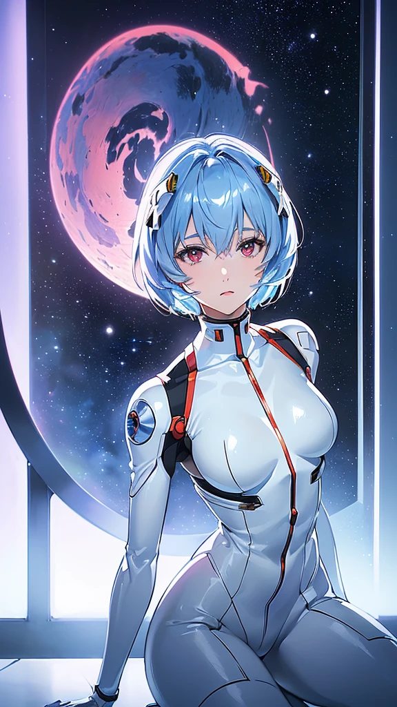 (((Ayanami Rei))),One Girl,alone,(Tabletop,Highest quality, Official Art, beautifully、aesthetic:1.2),(Ultra-high resolution, (4K), (Photon Mapping, Radio City, Physically Based Rendering,Auto White Balance), sense of technology,wonderful,Sharp focus,Rich background, (((Skin with attention to detail,)))Dynamic Lighting,Intricate and elaborate costumes,cute,Watery eye,((short hair,))Expressionless, skin, turtleneck, Bodysuits, Mecha,(Masterpiece Sidelight),(Beautiful girl,shine),(Sky blue hair,Pink Eyes,）[[Delicate fingers and hands:0.55]::0.85],(Finger details),(Kneel on the ground), The 20th,((universe:1.4),gun,(Shooting location:1.3),